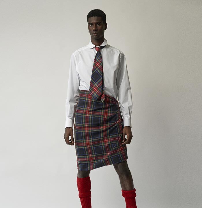 Winter 2023 – white poplin chemise de garçon and over dyed tartan tie copy