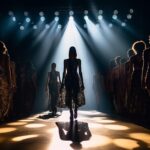 Fashion models walking in illuminated performance space generated by AI